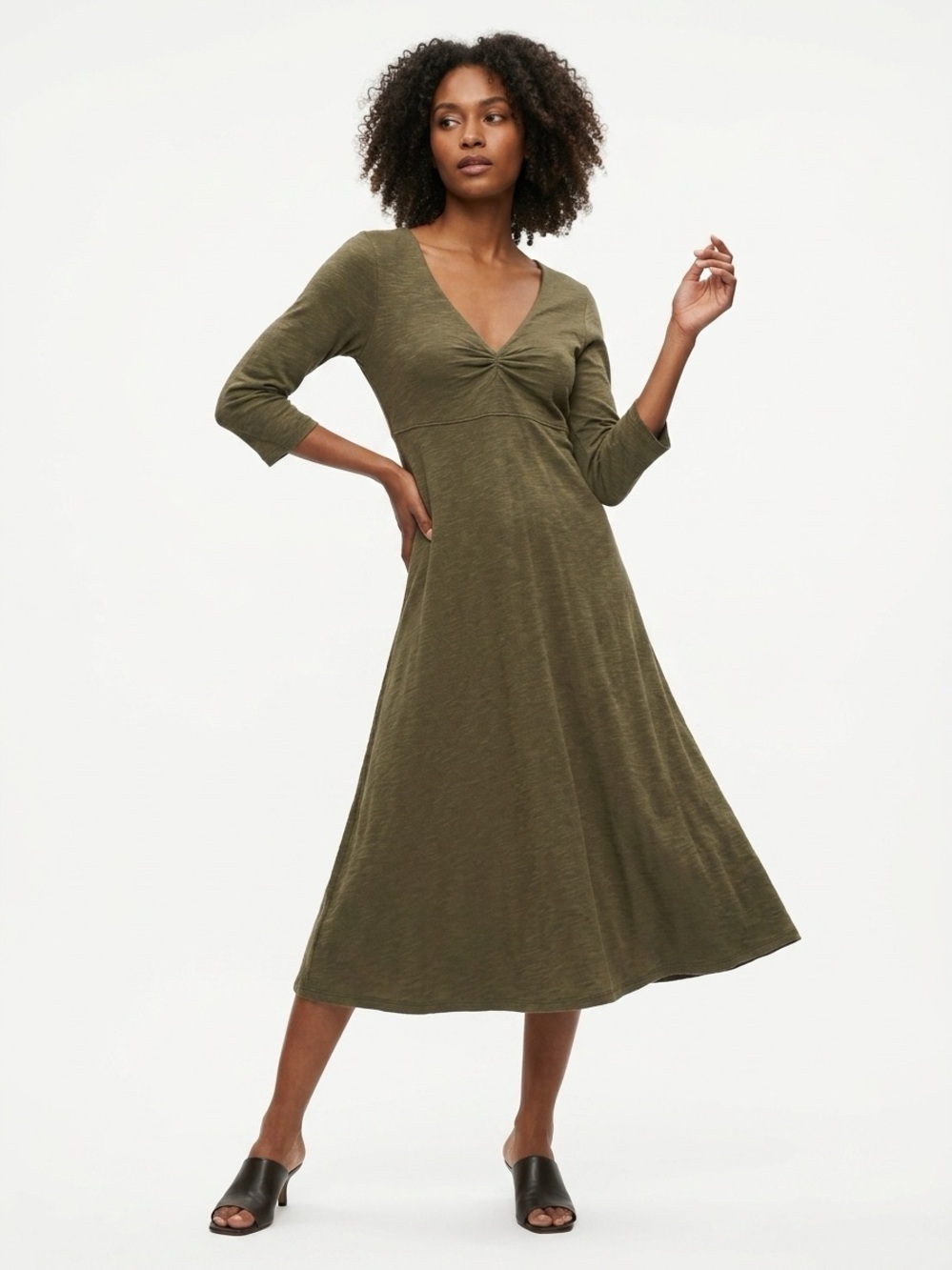 Horny Toad V-Neck Gathered Bust 3/4 Sleeve A-Line Knit Maxi Dress Olive Small